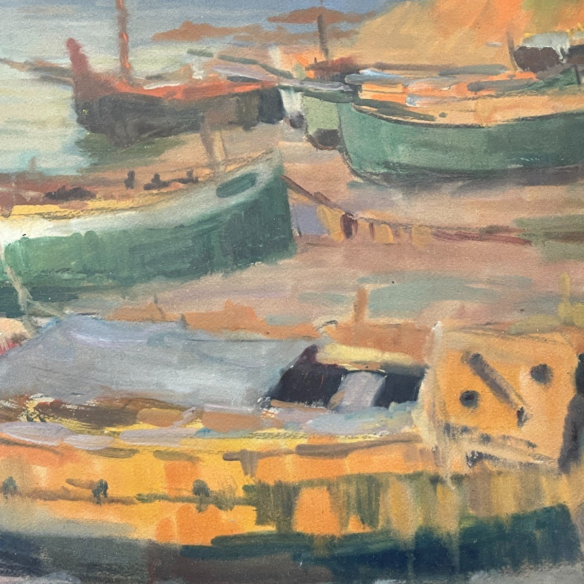 Jules Van De Leene, Painting "beached Barques", Gouache On Cardboard, Ca 1920-photo-2